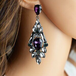 Share BriLove Chandelier Earrings 3.5” Purple Gray Crystal Statement Drop Boxed